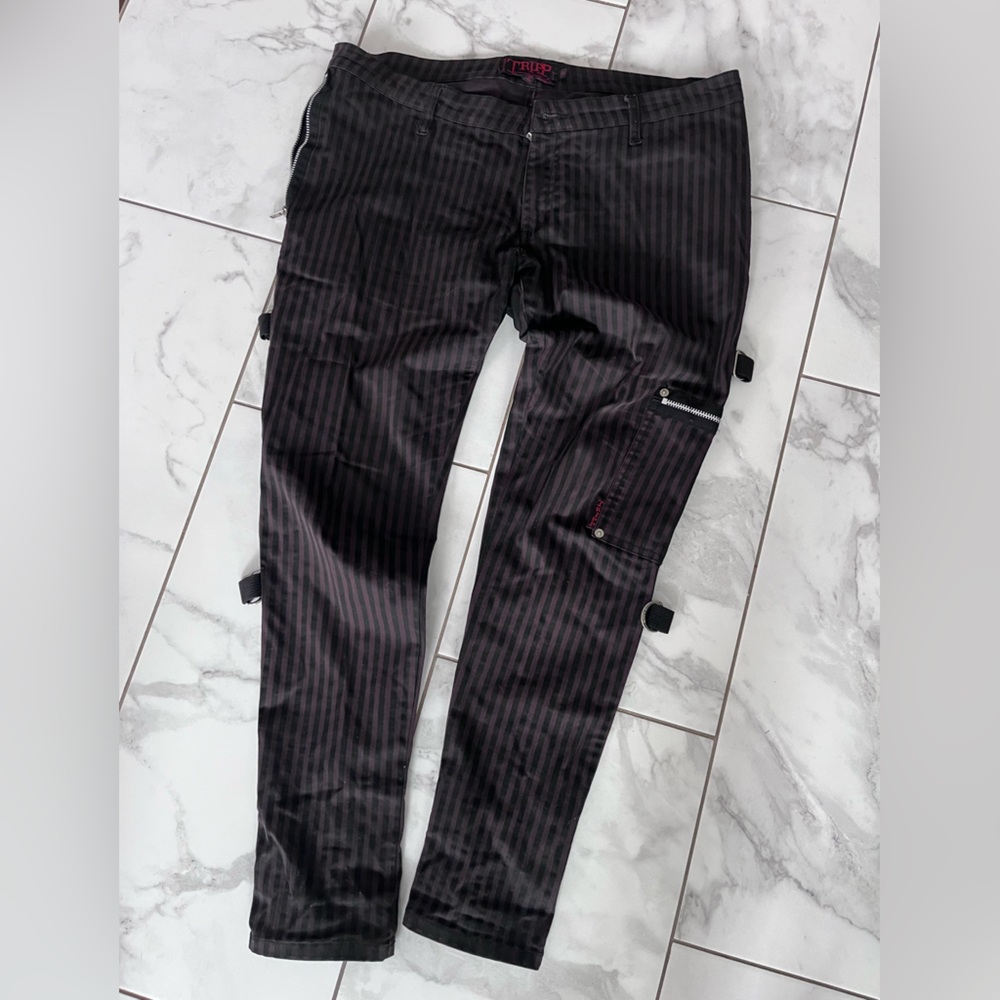 Vintage Tripp NYC Pinstripe Metal Chaos Rave Punk Bondage Pants Zipper Flare
